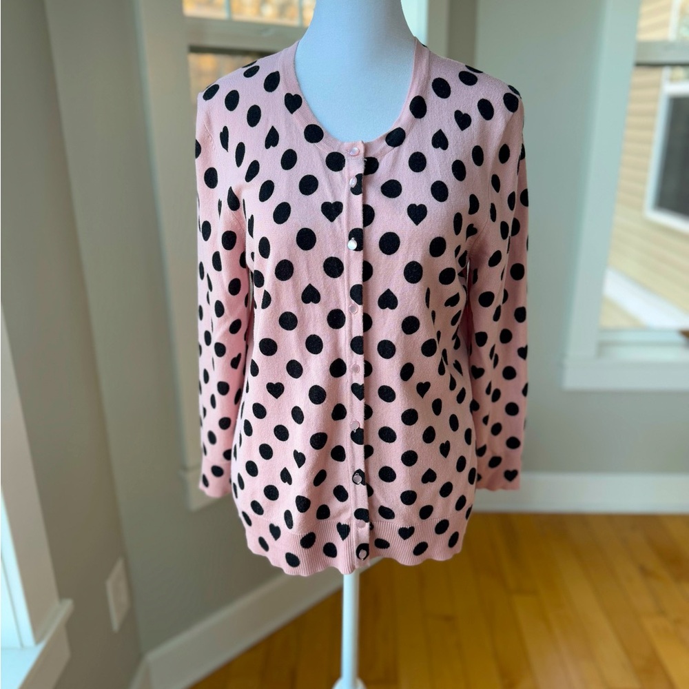 Cable & Gauge Pink Black Heart Polka Dot Cardigan Sweater Medium